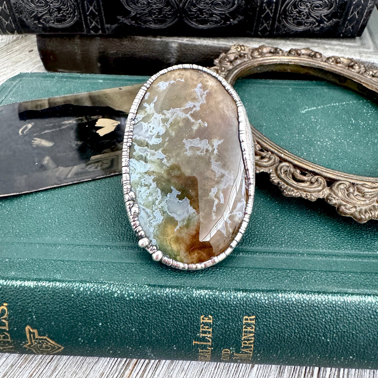 The Colossal Collection - Fancy Moss Agate Crystal Ring Fine Silver Size 9 / Foxlark Collection - One of a Kind
