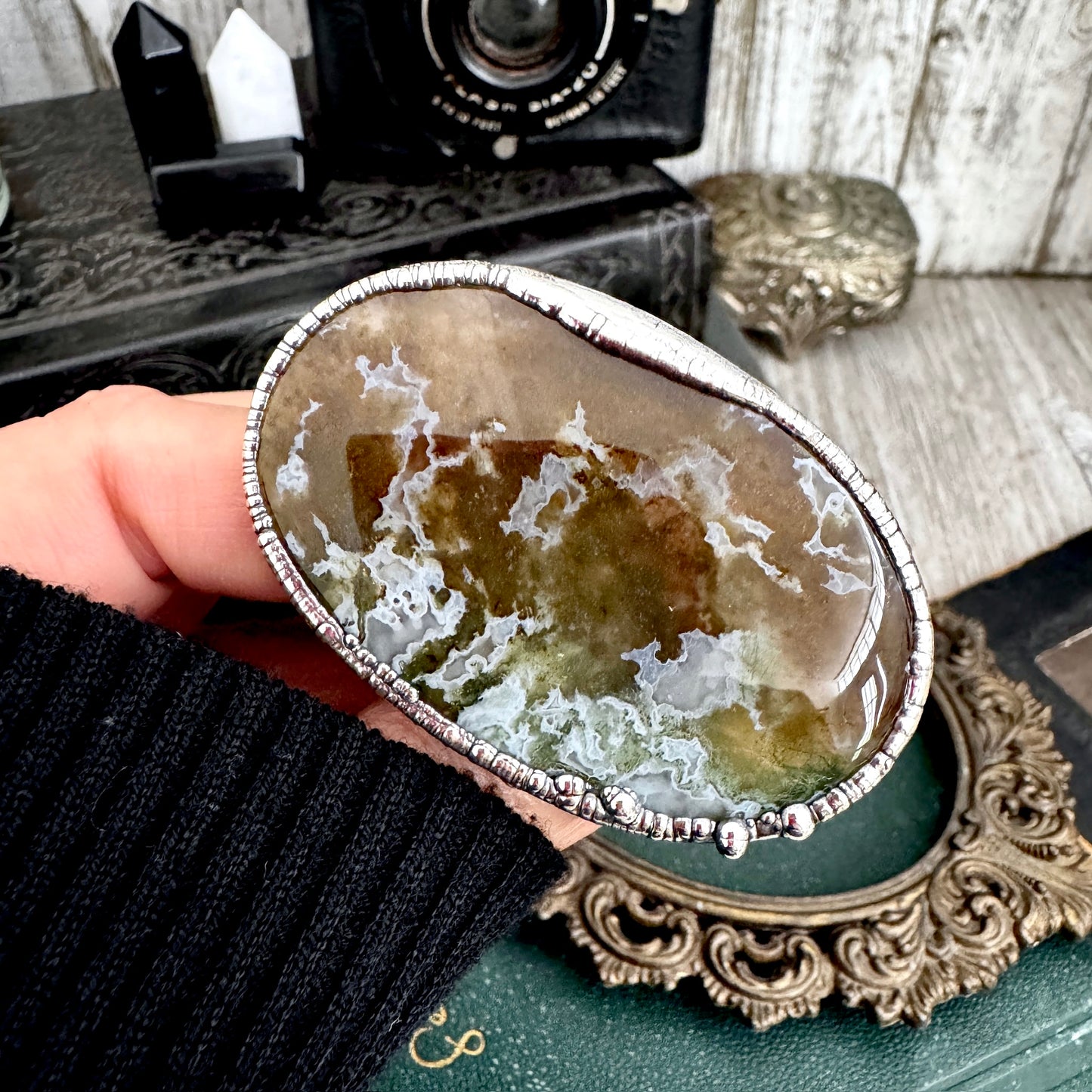 The Colossal Collection - Fancy Moss Agate Crystal Ring Fine Silver Size 9 / Foxlark Collection - One of a Kind