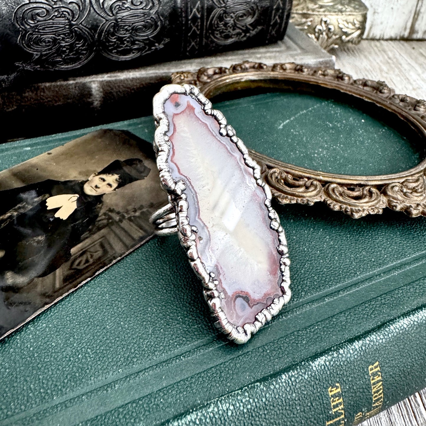 The Colossal Collection - Agate Slice Crystal Ring Fine Silver Size 9.5 / One of a Kind