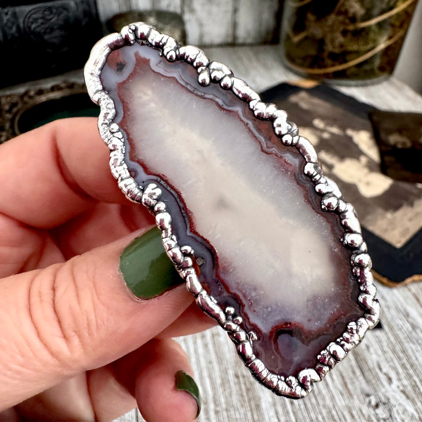 The Colossal Collection - Agate Slice Crystal Ring Fine Silver Size 9.5 / One of a Kind