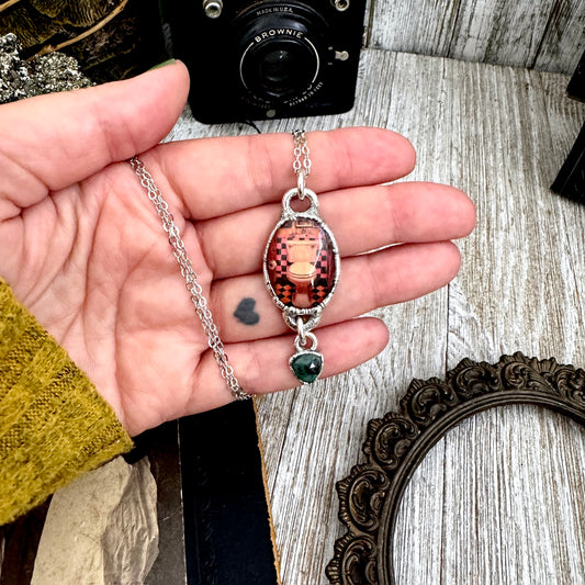 Vintage Dive Bar Bathroom Toilet necklace with emerald charm by FOXLARK, featuring fine silver and unique design.