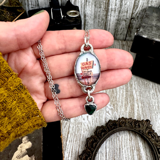 Fine silver Gas Station Road Side Sign Necklace by FOXLARK, featuring a detailed roadside sign pendant on a delicate chain.