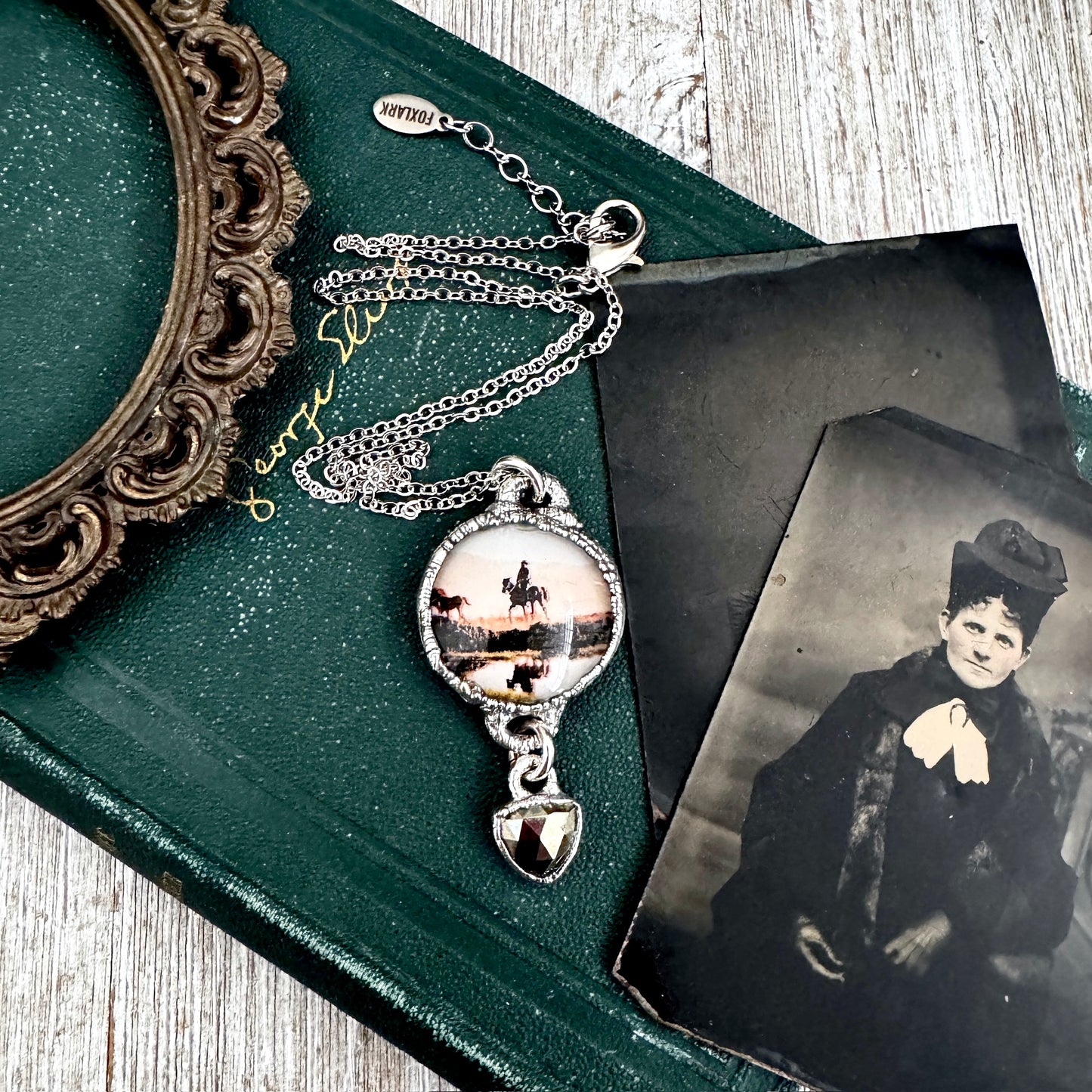 Road To Nowhere - Vintage Cowboy On Horse With Pyrite Charm Necklace Fine Silver - One of a Kind
