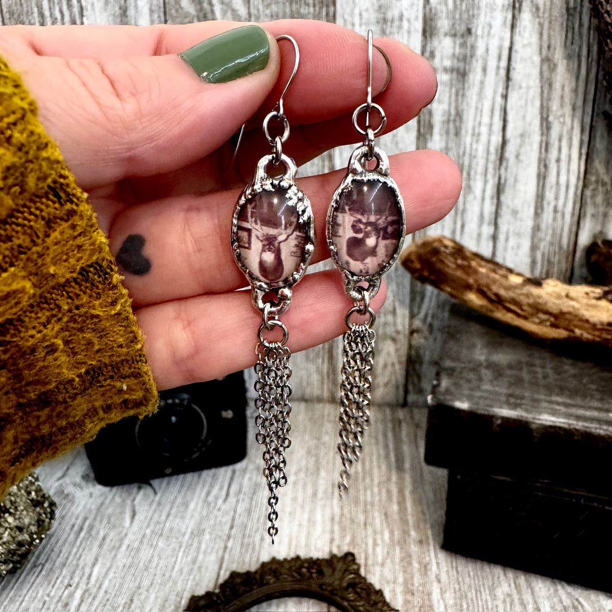 Road To Nowhere Mismatched Vintage Bar Deer Taxidermy Fine Silver Long Fringe Earrings FOXLARK