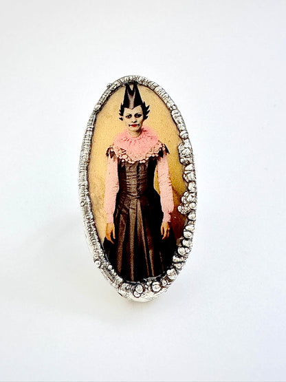 Foxtark Party Girl Statement Ring in fine silver, size 10, with intricate design from The Weirdlings Collection.