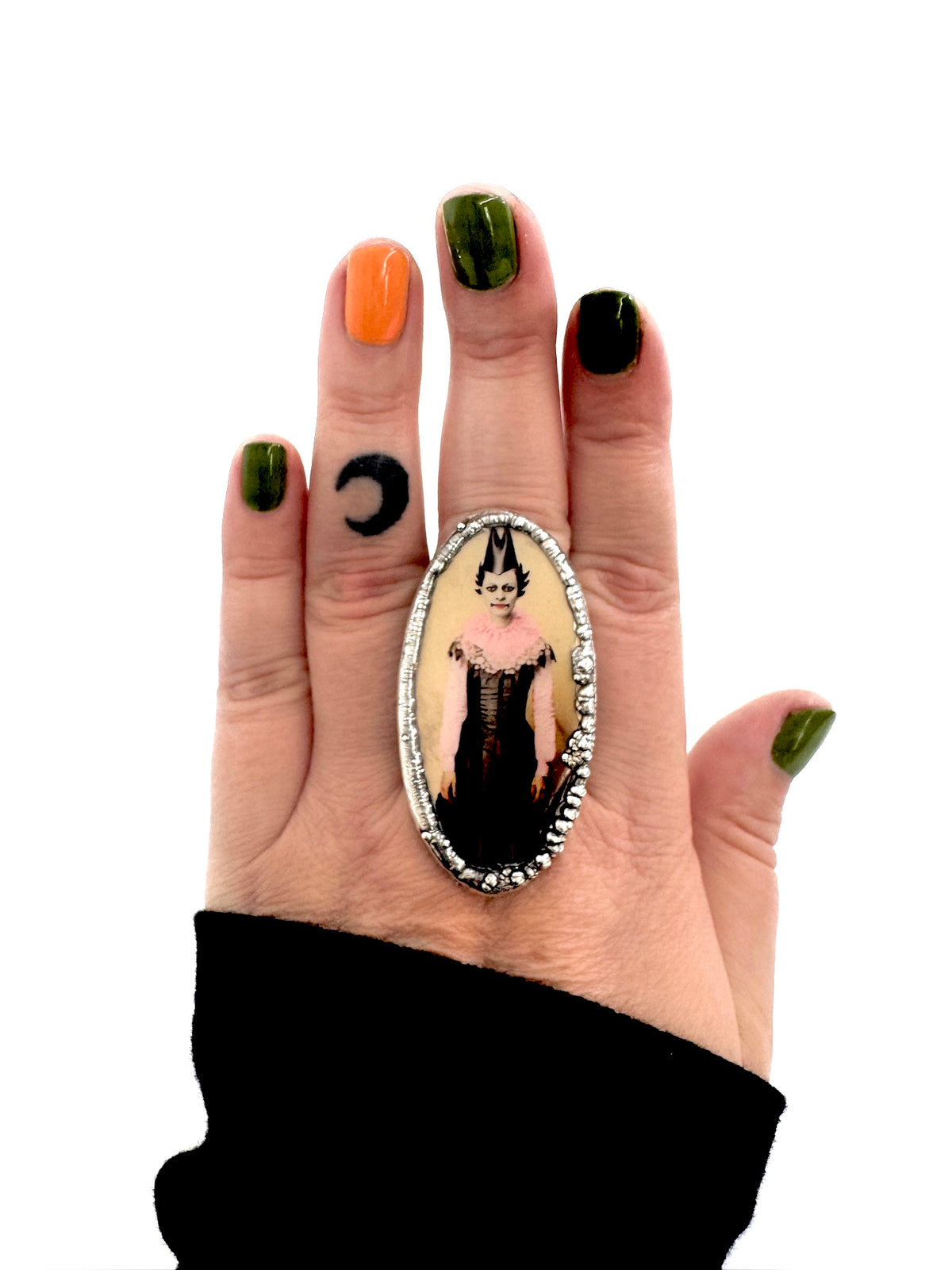 Party Girl statement ring in fine silver by FOXLARK, size 10, featuring a bold, decorative design from The Weirdlings Collection.