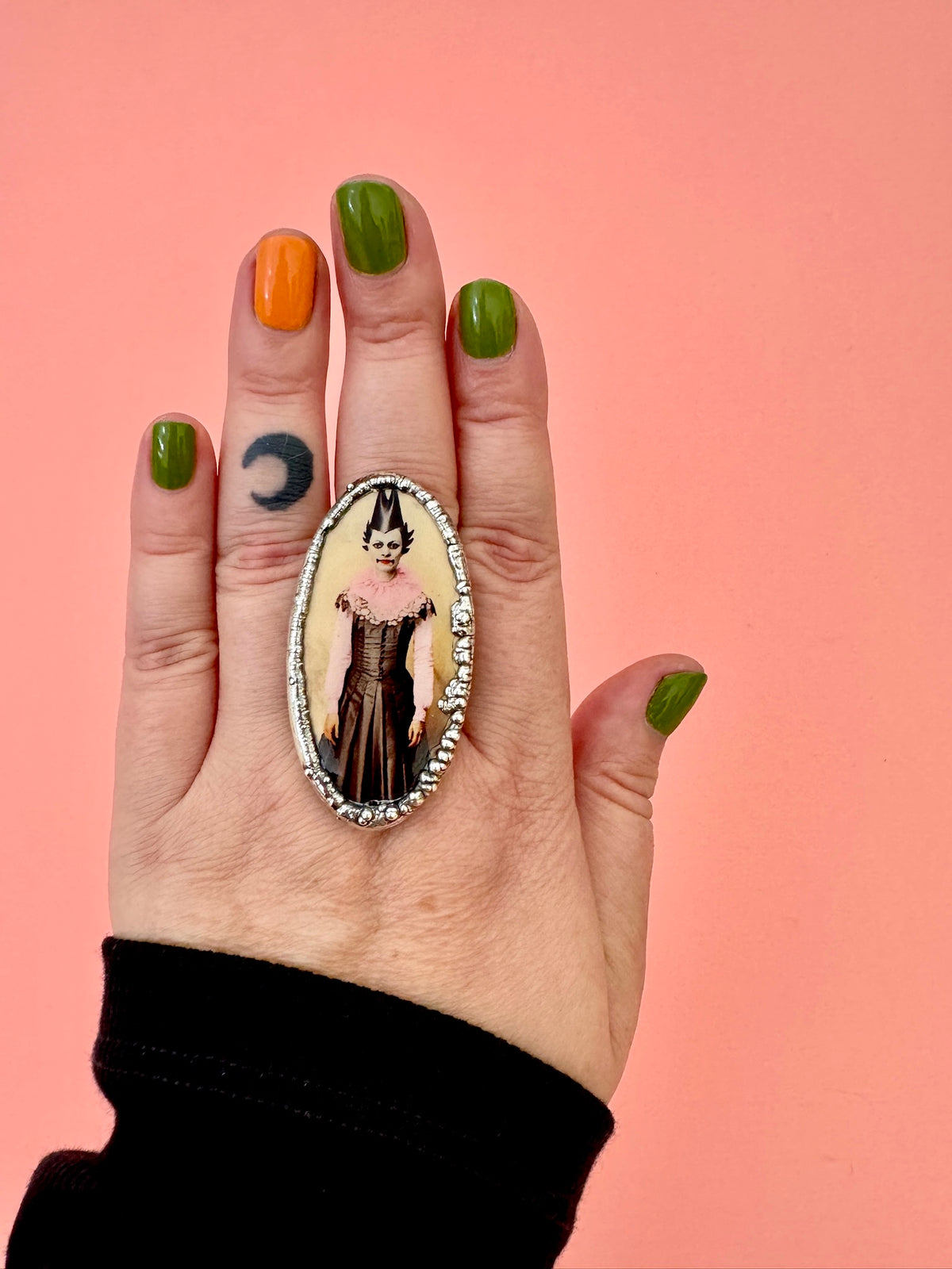 FOXLARK Party Girl statement ring in fine silver, size 10, from The Weirdlings Collection, featuring intricate design details.