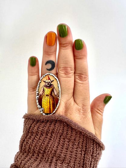 Clown Girl Statement Ring – Fine Silver, Size 7.5 | The Weirdlings Collection