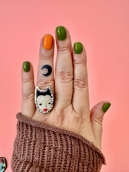 Silver Doll Head Ring from FOXLARK's Weirdlings Collection, size 7, featuring intricate fine silver detailing.
