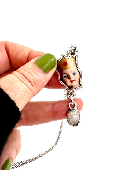 The Weirdlings Collection - Doll Head With Rainbow Moonstone Charm Necklace | Fine Silver