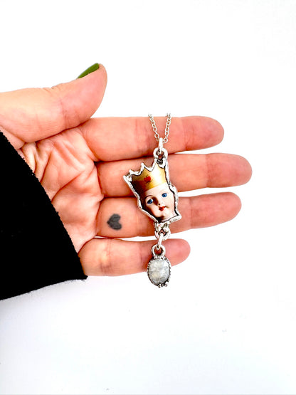 The Weirdlings Collection - Doll Head With Rainbow Moonstone Charm Necklace | Fine Silver