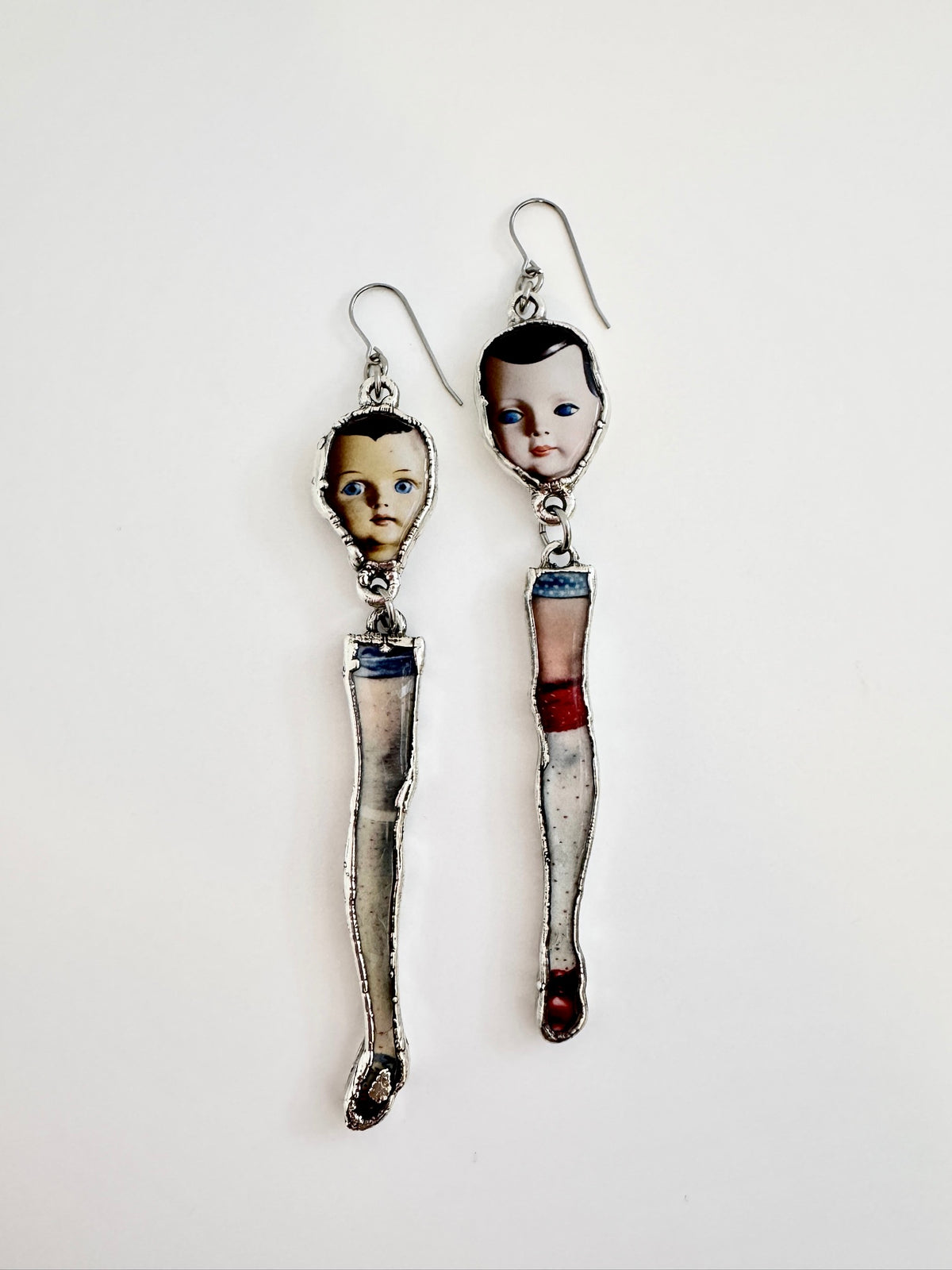 Mismatched Doll Head & Leg Earrings – Long Dangle Statement Earrings, Fine Silver | The Weirdlings Collection