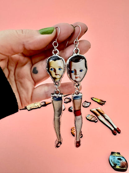 Mismatched Doll Head & Leg Earrings – Long Dangle Statement Earrings, Fine Silver | The Weirdlings Collection