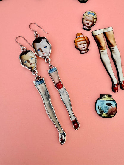 Mismatched Doll Head & Leg Earrings – Long Dangle Statement Earrings, Fine Silver | The Weirdlings Collection