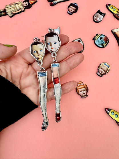 Mismatched Doll Head & Leg Earrings – Long Dangle Statement Earrings, Fine Silver | The Weirdlings Collection