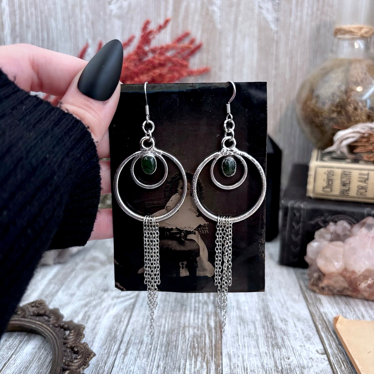 Moss Agate Hoop And Fringe Fine Silver Crystal Earrings / Long Dangle Witchy Earrings FOXLARK