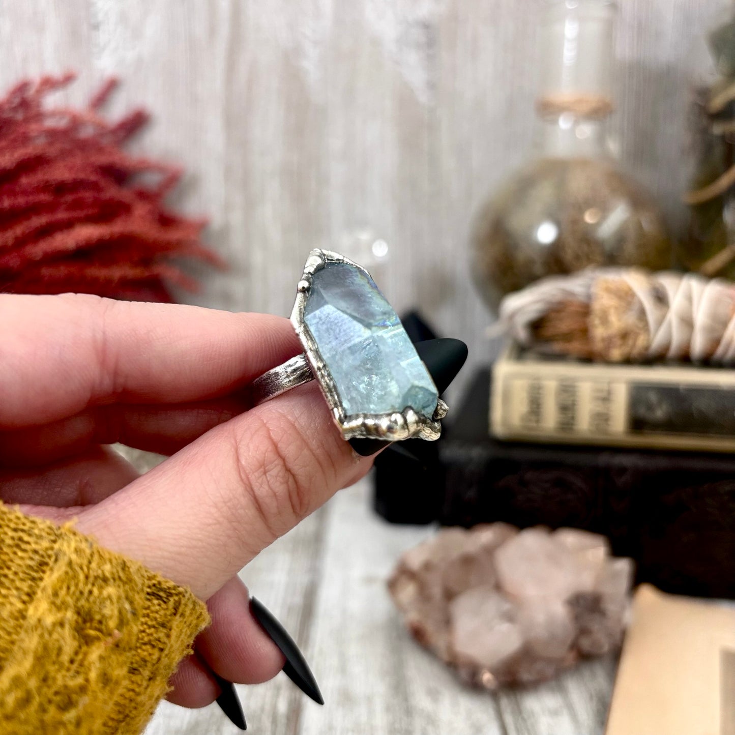 Aqua Aura Quartz Crystal Ring Set in Fine Silver Size 8 / Foxlark Collection - One of a Kind