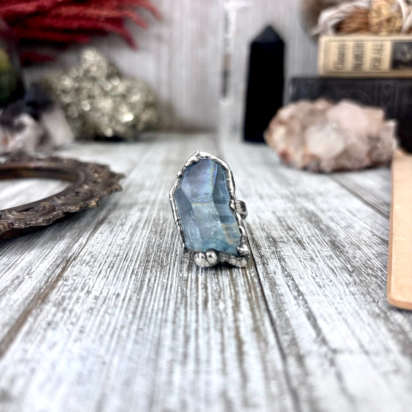 Aqua Aura Quartz Crystal Ring Set in Fine Silver Size 8 / Foxlark Collection - One of a Kind