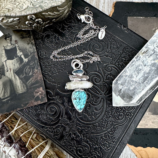Multi Stone Blue Kyanite Raw Clear Quartz Turquoise Necklace Silver / Foxlark Collection