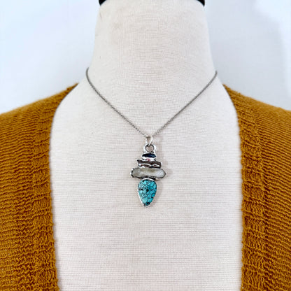 Multi Stone Blue Kyanite Raw Clear Quartz Turquoise Necklace Silver / Foxlark Collection