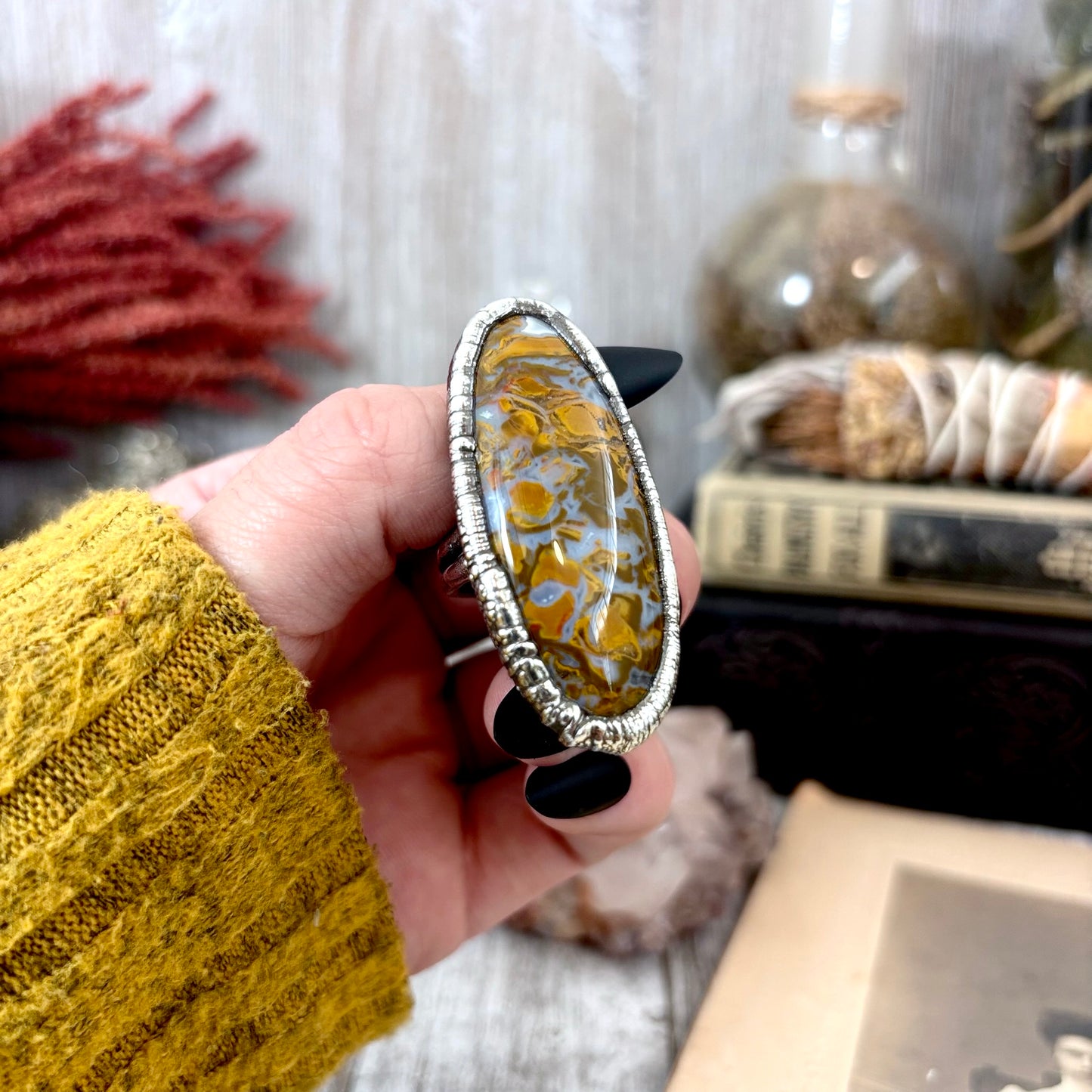 Petrified Wood Crystal Ring Fine Silver Size 7.5 / Foxlark Collection - One of a Kind