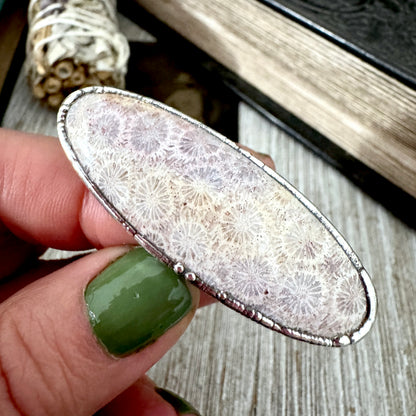 Fossilized Coral Crystal Ring Fine Silver Size 8.5 / Foxlark Collection - One of a Kind