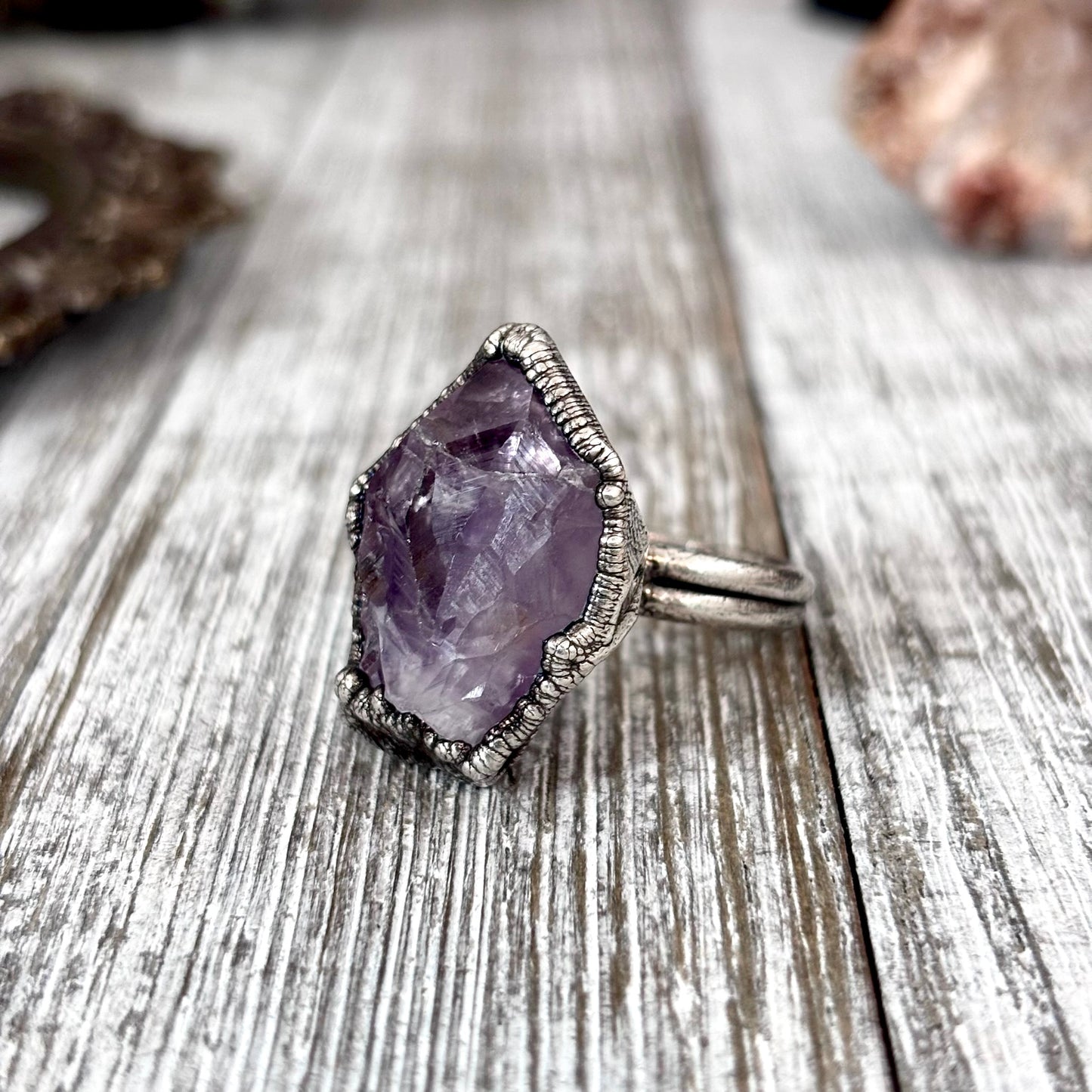 Raw Amethyst Crystal Ring Fine Silver Size 8 / Foxlark Collection - One of a Kind