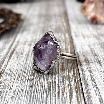 Raw Amethyst Crystal Ring Fine Silver Size 8 / Foxlark Collection - One of a Kind