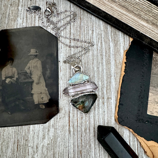 Multi Stone Rainbow Moonstone Vera Cruz Amethyst Labradorite Crystal Necklace Fine Silver / Foxlark Collection