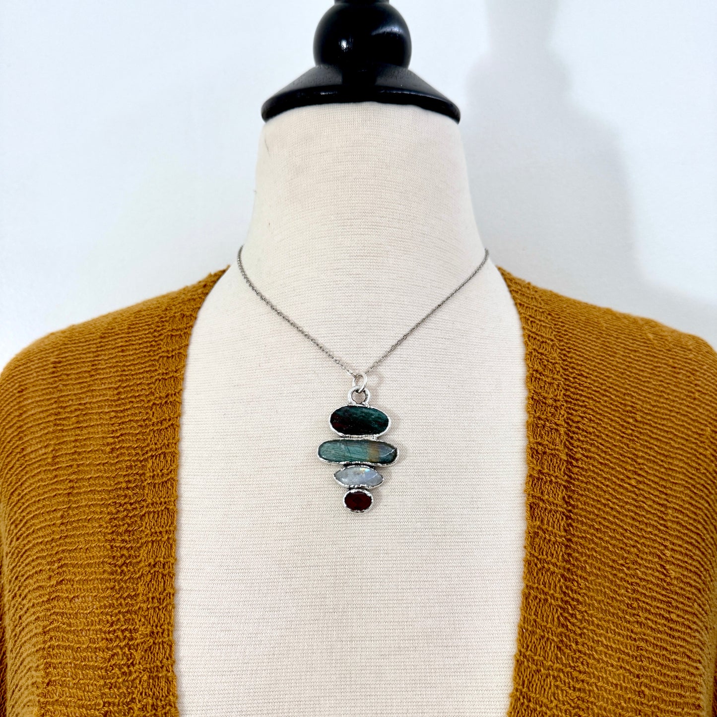 Multi Stone Bloodstone Labradorite Rainbow Moonstone Garnet Crystal Necklace Fine Silver / Foxlark Collection