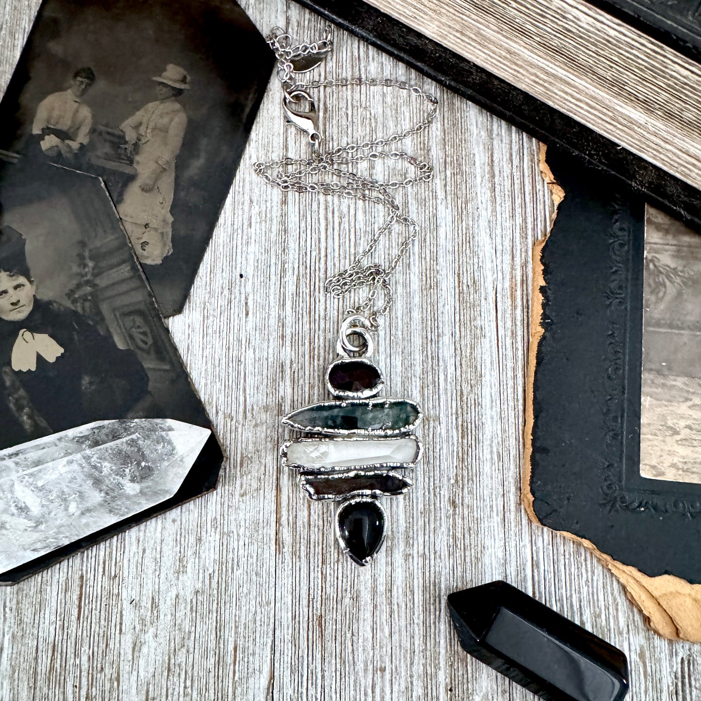 Multi Stone Garnet Moss Agate Raw Clear Quartz Raw Smoky Quartz Black Onyx Crystal Necklace Fine Silver / Foxlark Collection