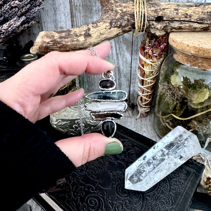 Multi Stone Garnet Moss Agate Raw Clear Quartz Raw Smoky Quartz Black Onyx Crystal Necklace Fine Silver / Foxlark Collection