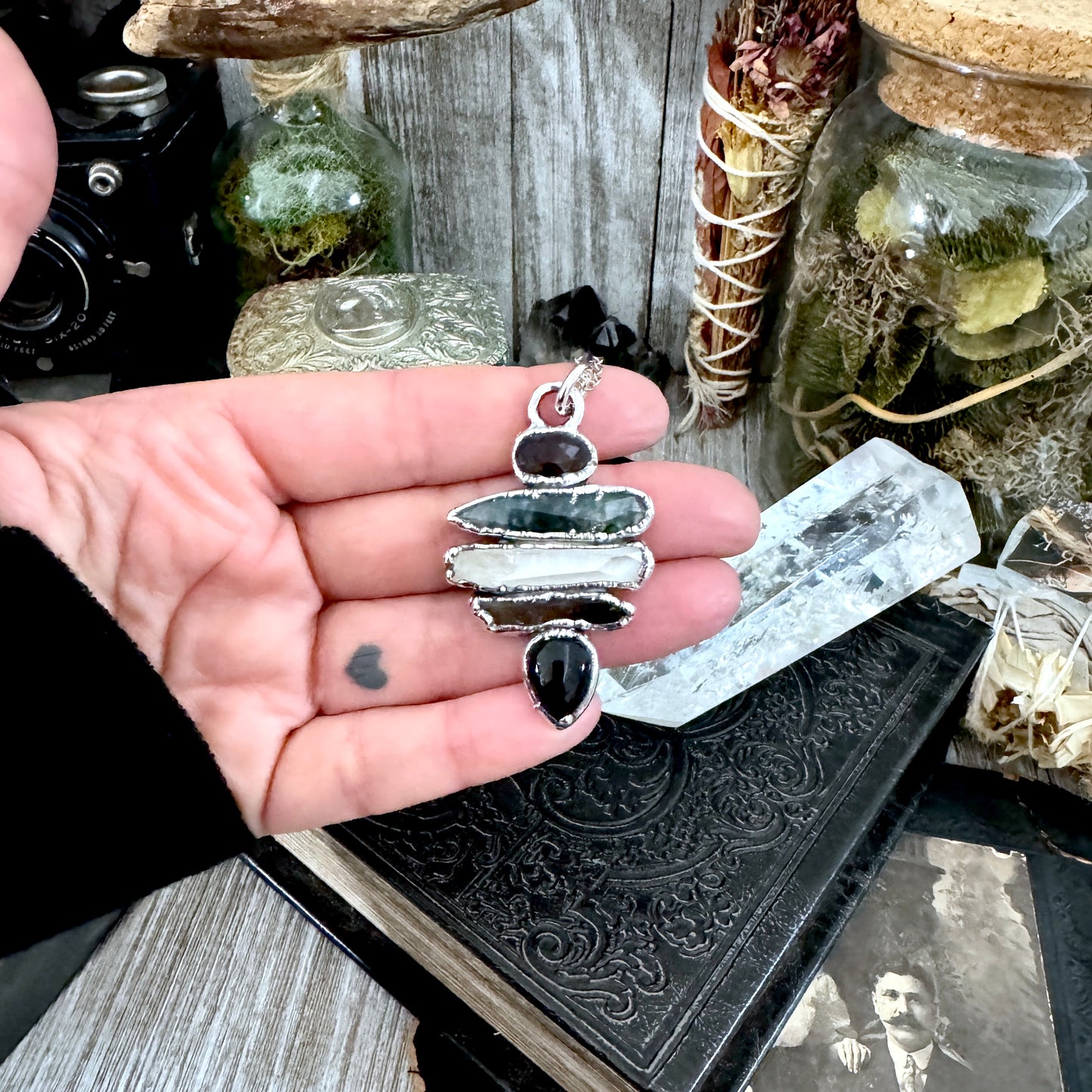Multi Stone Garnet Moss Agate Raw Clear Quartz Raw Smoky Quartz Black Onyx Crystal Necklace Fine Silver / Foxlark Collection