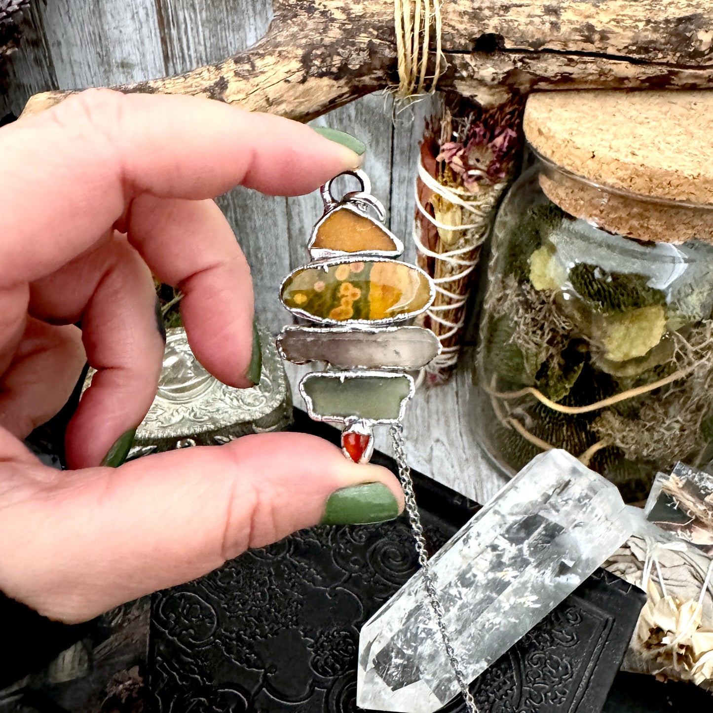 Multi Stone Sea Glass Jasper Smoky Quartz Carnelian Crystal Necklace Fine Silver / Foxlark Collection
