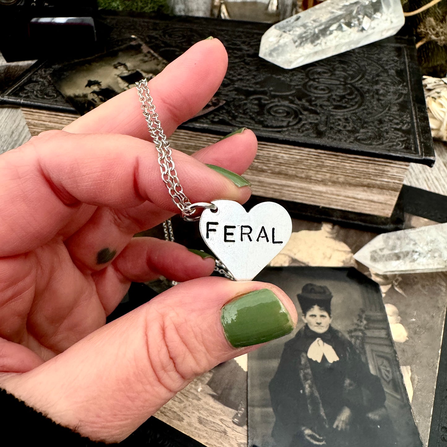 Hand Stamped FERAL Heart Necklace