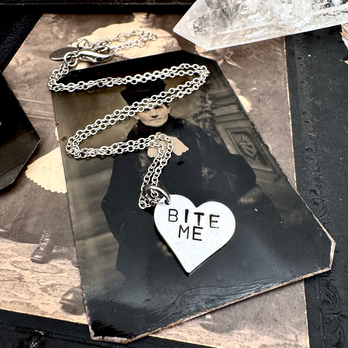 Hand Stamped BITE ME Heart Necklace