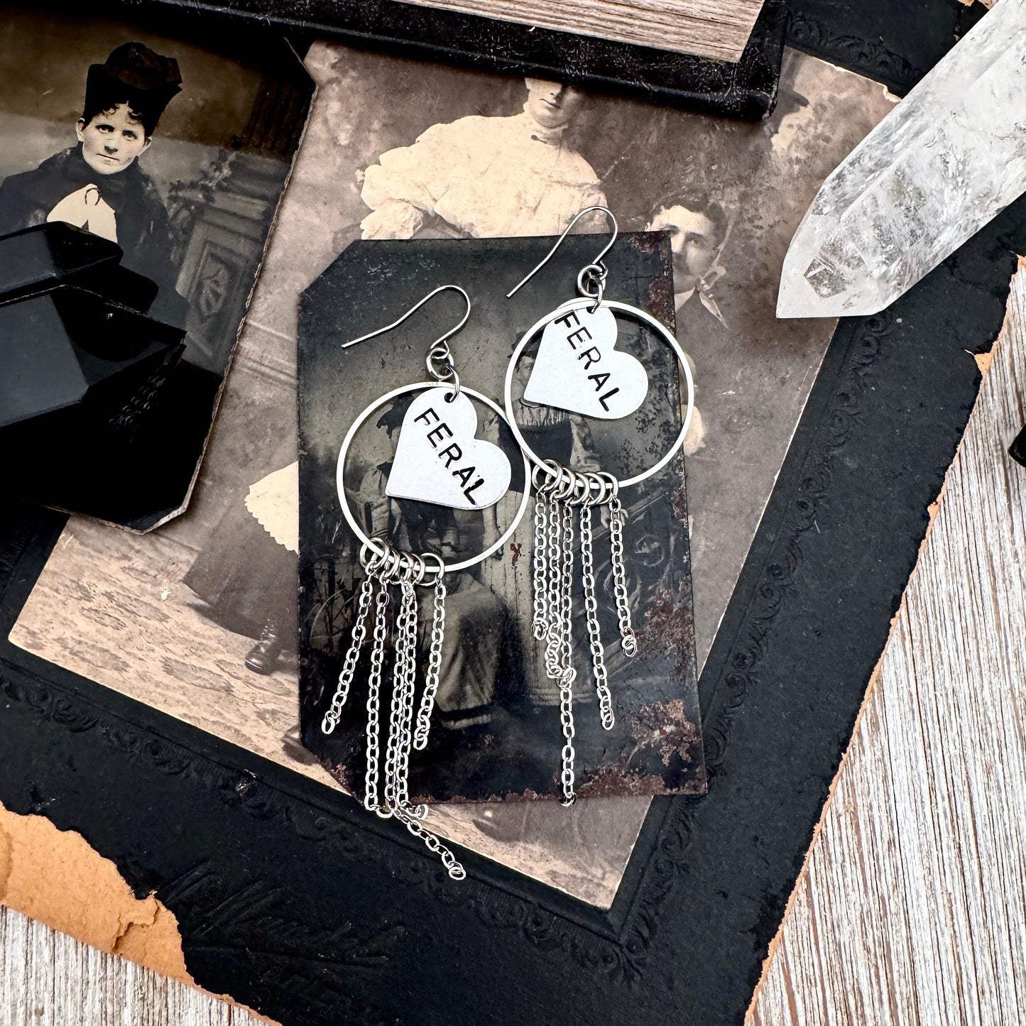 Hand Stamped FERAL Fringe Heart Earrings