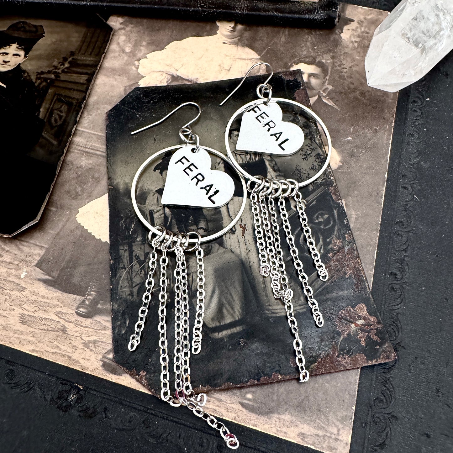 Hand Stamped FERAL Fringe Heart Earrings