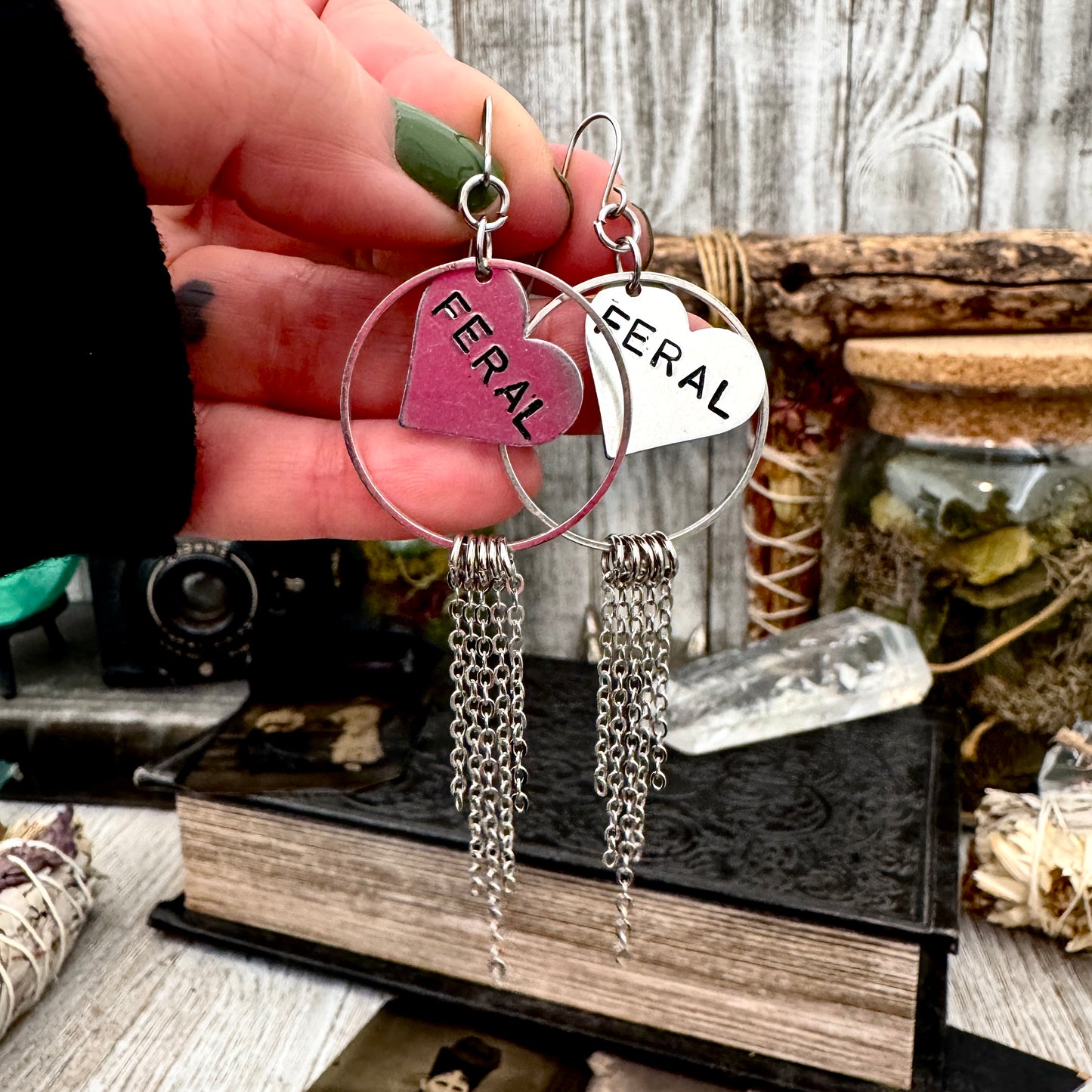 Hand Stamped FERAL Fringe Heart Earrings