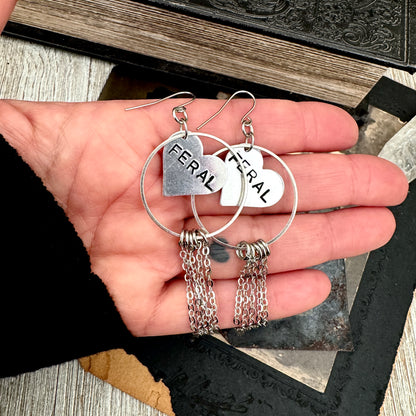 Hand Stamped FERAL Fringe Heart Earrings