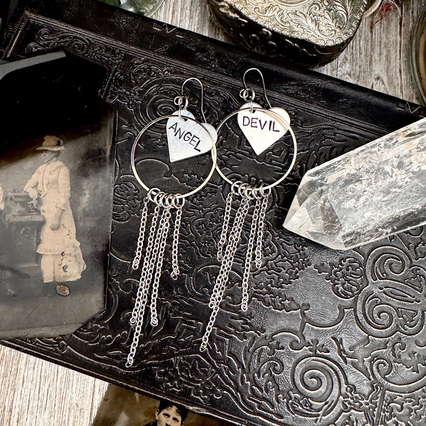 Hand Stamped ANGEL DEVIL Fringe Heart Earrings
