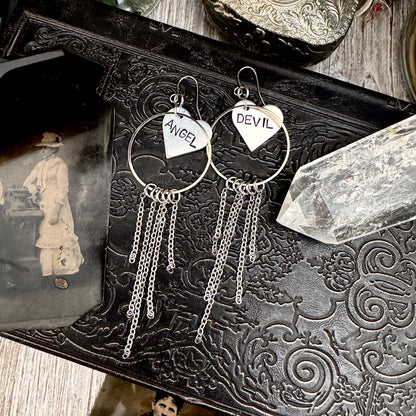 Hand Stamped ANGEL DEVIL Fringe Heart Earrings