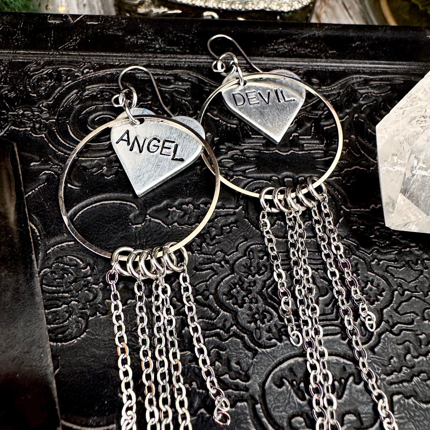 Hand Stamped ANGEL DEVIL Fringe Heart Earrings