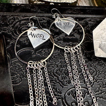 Hand Stamped ANGEL DEVIL Fringe Heart Earrings