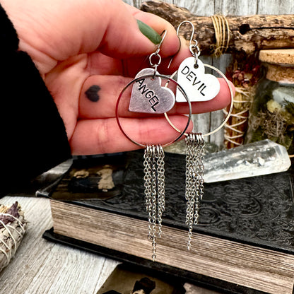 Hand Stamped ANGEL DEVIL Fringe Heart Earrings