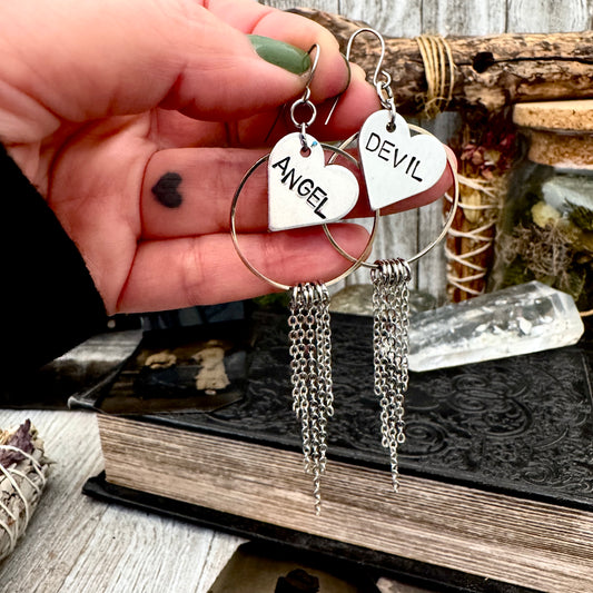 Hand Stamped ANGEL DEVIL Fringe Heart Earrings