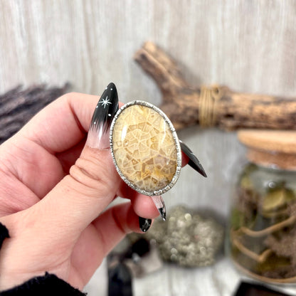 Fossilized Coral Crystal Ring Fine Silver Size 7 / Foxlark Collection - One of a Kind