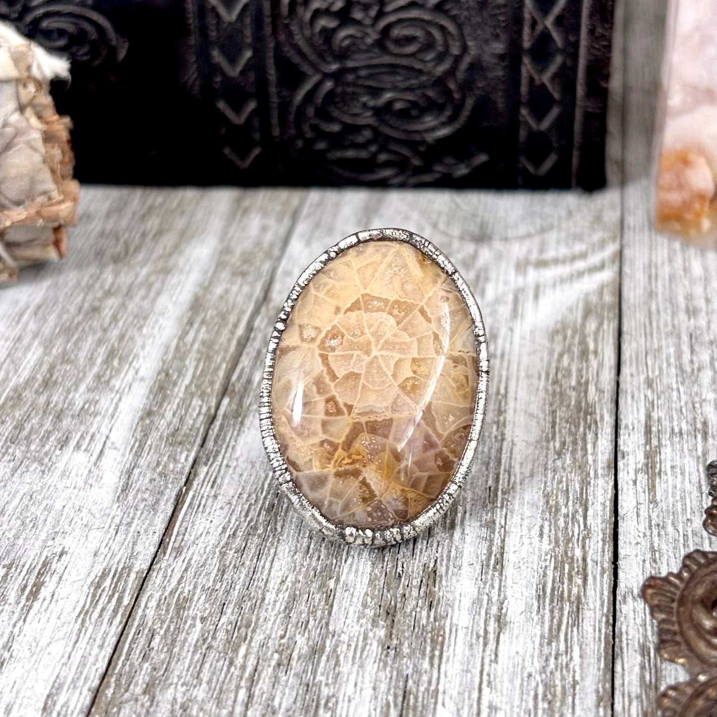 Fossilized Coral Crystal Ring Fine Silver Size 7 / Foxlark Collection - One of a Kind
