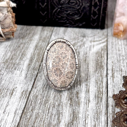 Fossilized Coral Crystal Ring Fine Silver Size 6.5 / Foxlark Collection - One of a Kind