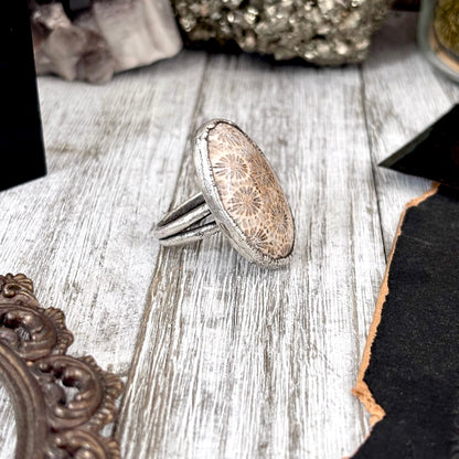 Fossilized Coral Crystal Ring Fine Silver Size 9 / Foxlark Collection - One of a Kind
